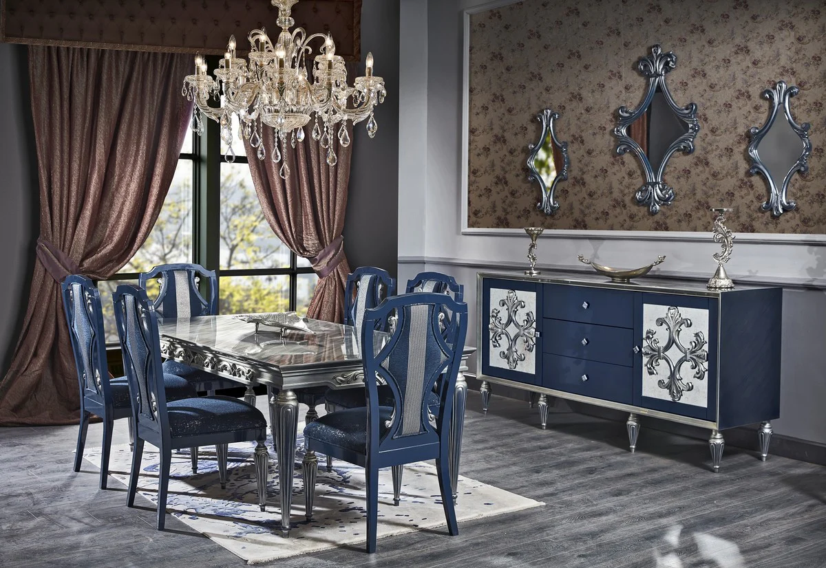 Luxury Baroque Dining Room Set Blue / Silver - Dining Table and 6 Dining Chairs - Baroque Dining Room Furniture