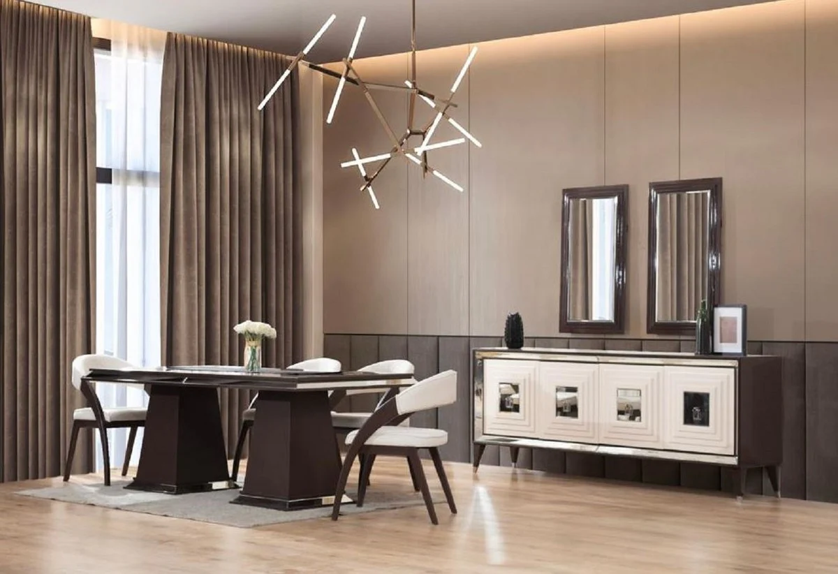 Luxury Art Deco Dining Room Set Cream White / Dark Brown - 1 Mirrored Luxury Art Deco Dining Table & 6 Luxury Art Deco Dining Room Chairs - Luxury Art Deco Dining Room Furniture