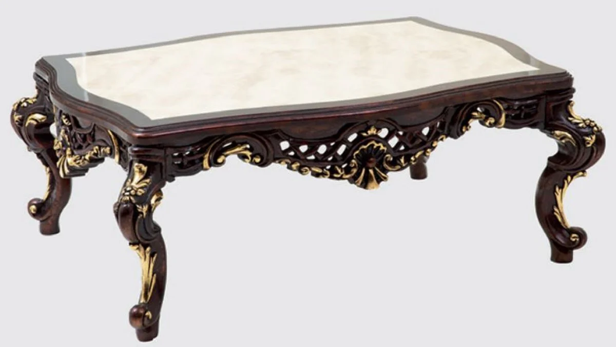 Luxury baroque coffee table dark brown / cream / gold 130 x 95 x H. 51 cm - magnificent solid wood living room table in baroque style - baroque furniture