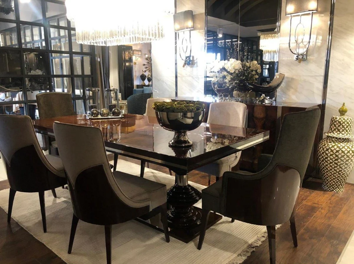 Luxury Art Deco Dining Room Chair Set Dark Gray / Dark Brown High Gloss - Kitchen Chairs Set of 6 - Noble Art Deco Dining Room Furniture