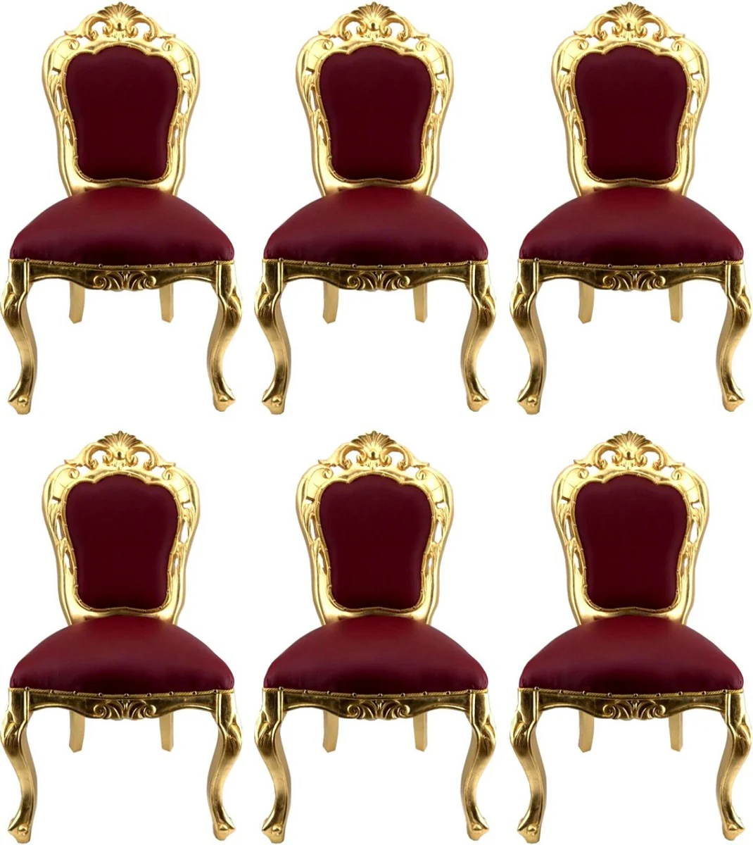 Luxury Baroque dining room chair set Bordeaux red / gold - 6 handmade dining chairs with leather look - Baroque dining room furniture