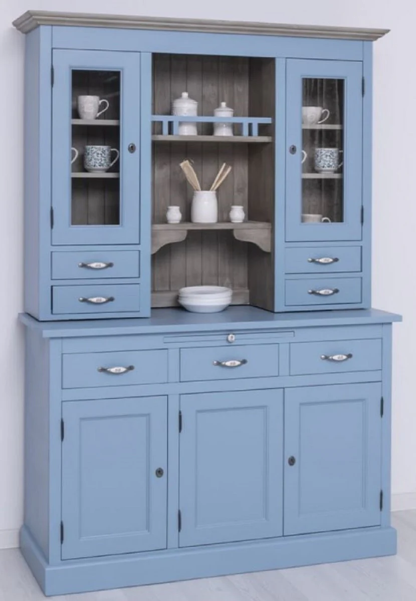 Country house style dining room cabinet light blue / gray 137 x 50 x H. 197 cm - solid wood kitchen cabinet - dining room furniture in country house style - country house style dining room furnishings