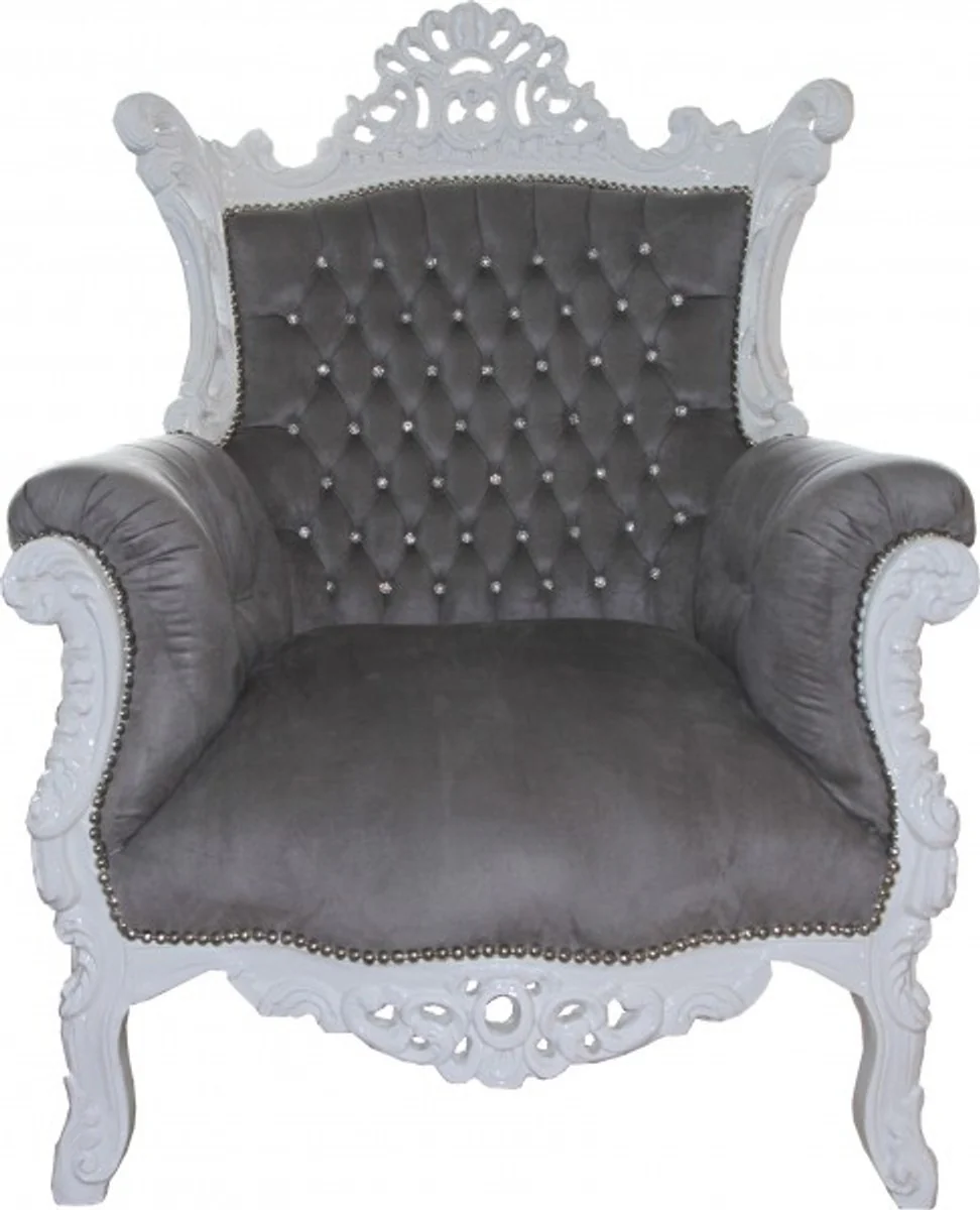 Barock Sessel Al Capone Grau / Weiß mit Glitzersteinen