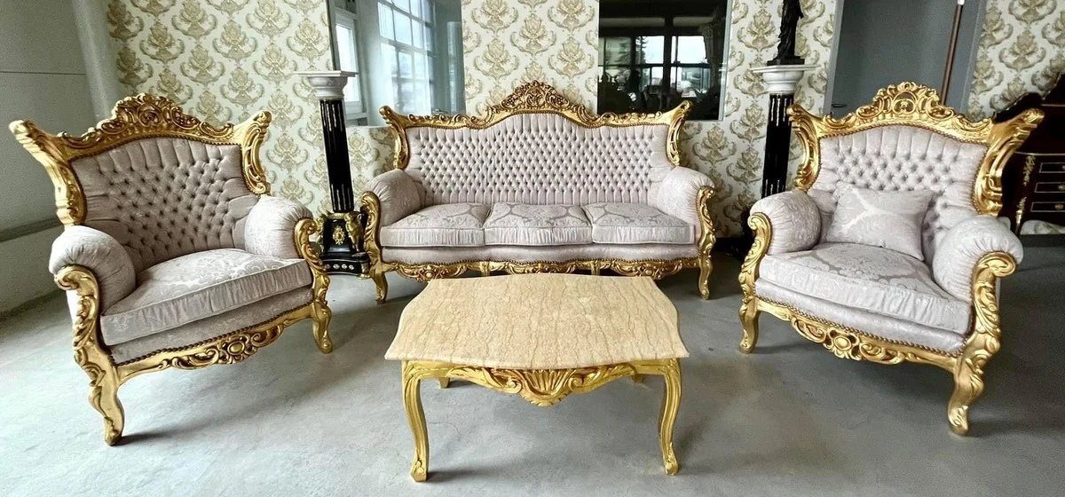 Barock Wohnzimmer Set Grau Muster / Gold - 1 Barock Sofa & 2 Barock Sessel - Wohnzimmer Möbel im Barockstil - Barock Möbel - Barock Wohnzimmer Einrichtung