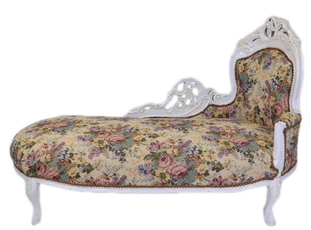 Baroque chaise longue floral pattern / antique white - furniture lounge lounger chaise longue