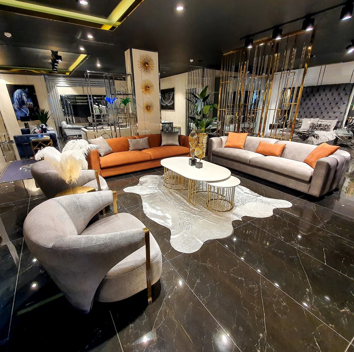 Luxury sofa orange / gold 240 x 95 x H. 85 cm - living room sofa - hotel sofa - luxury furniture