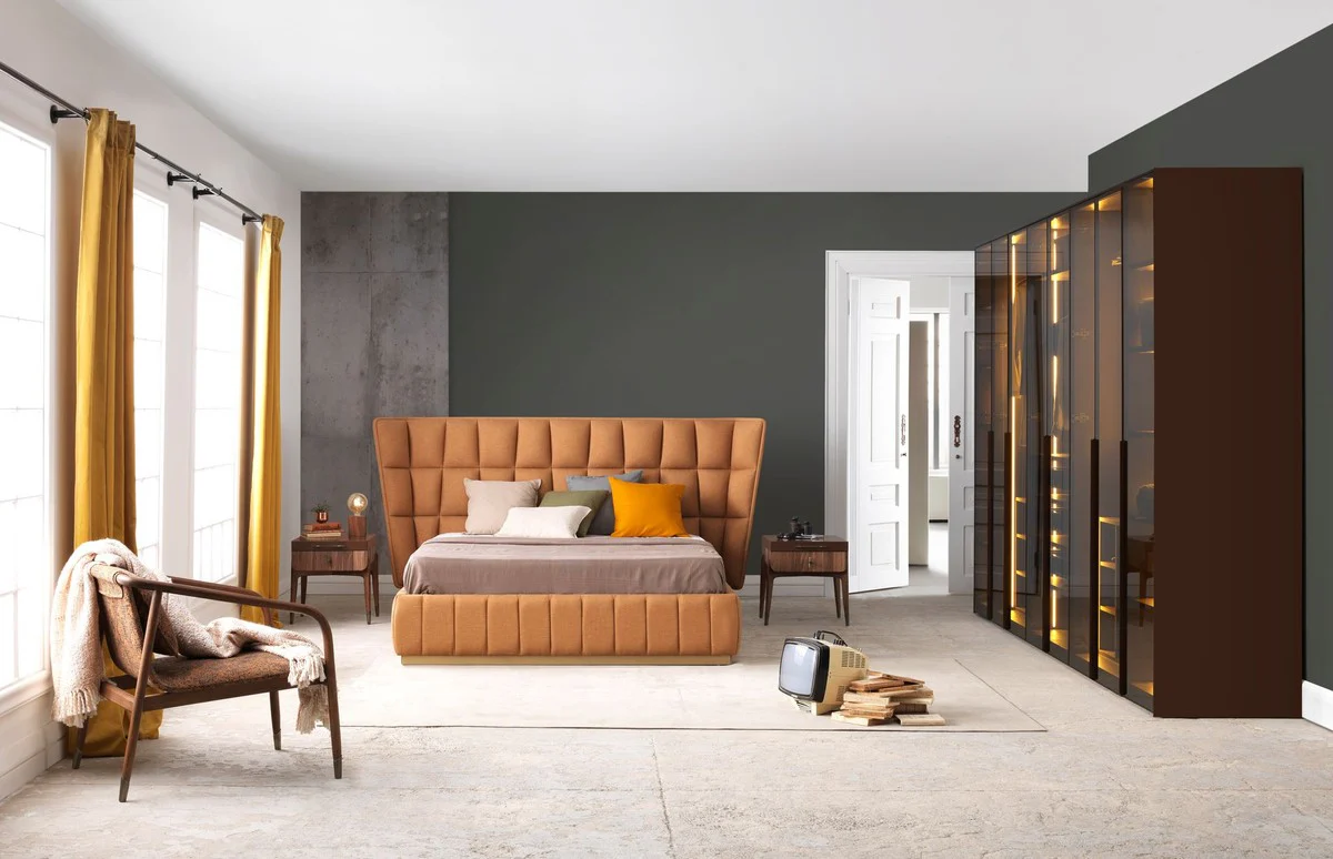 Luxury bedroom wardrobe dark brown 360 x 62 x H. 230 cm - Illuminated wardrobe with 8 glass doors - Bedroom furniture - Hotel furniture - Luxury furniture