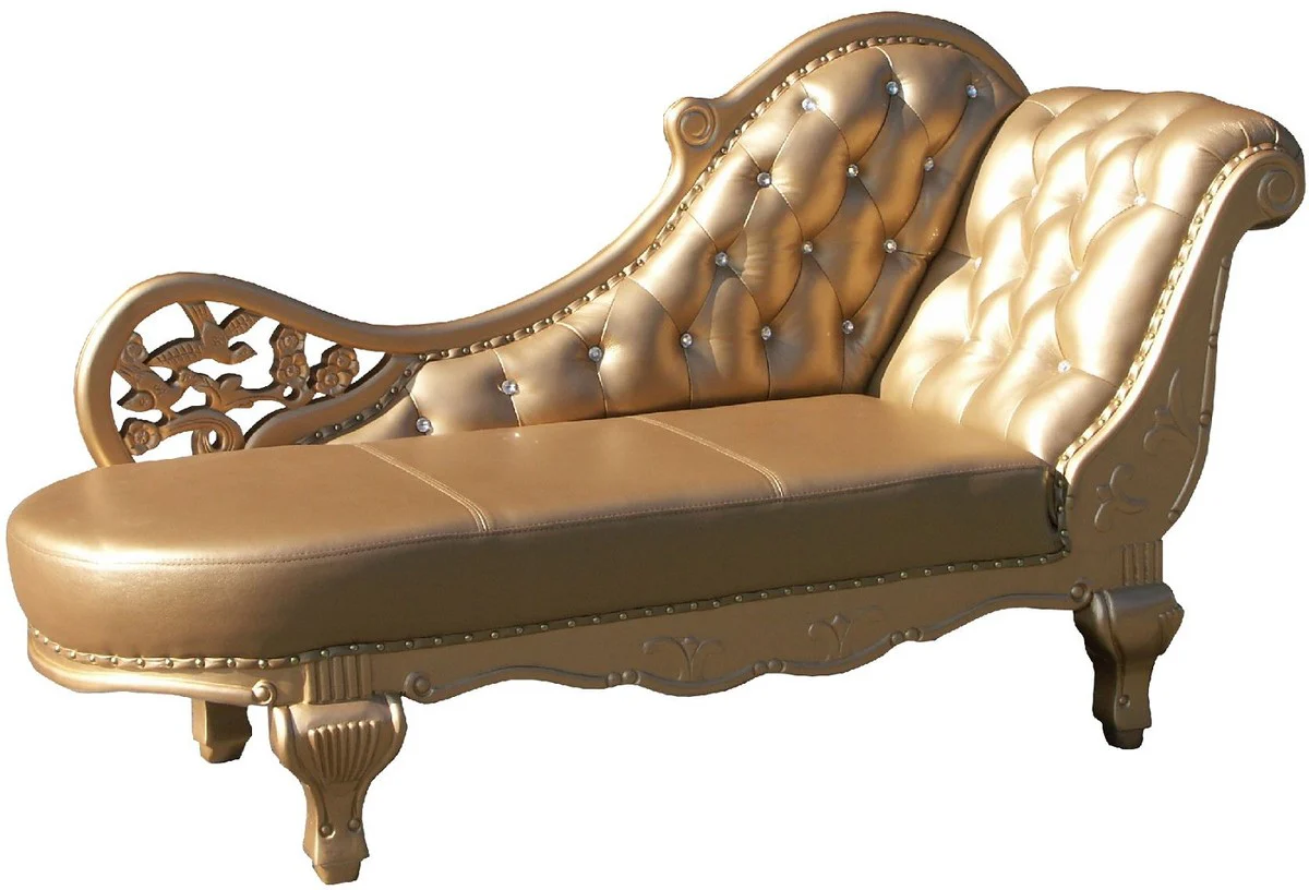 Baroque leather chaise longue gold 170 x 65 x H. 90 cm - solid wood chaise longue with real leather and rhinestones - baroque furniture