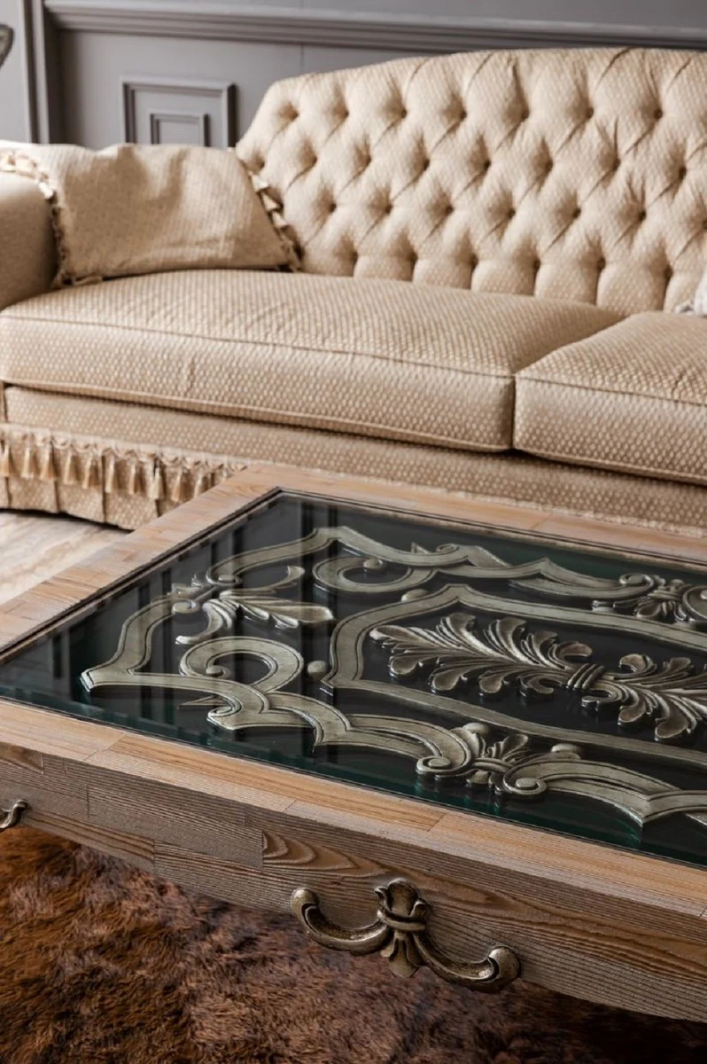 Luxury baroque coffee table natural colors / silver - handmade solid wood living room table with glass top - baroque living room furniture