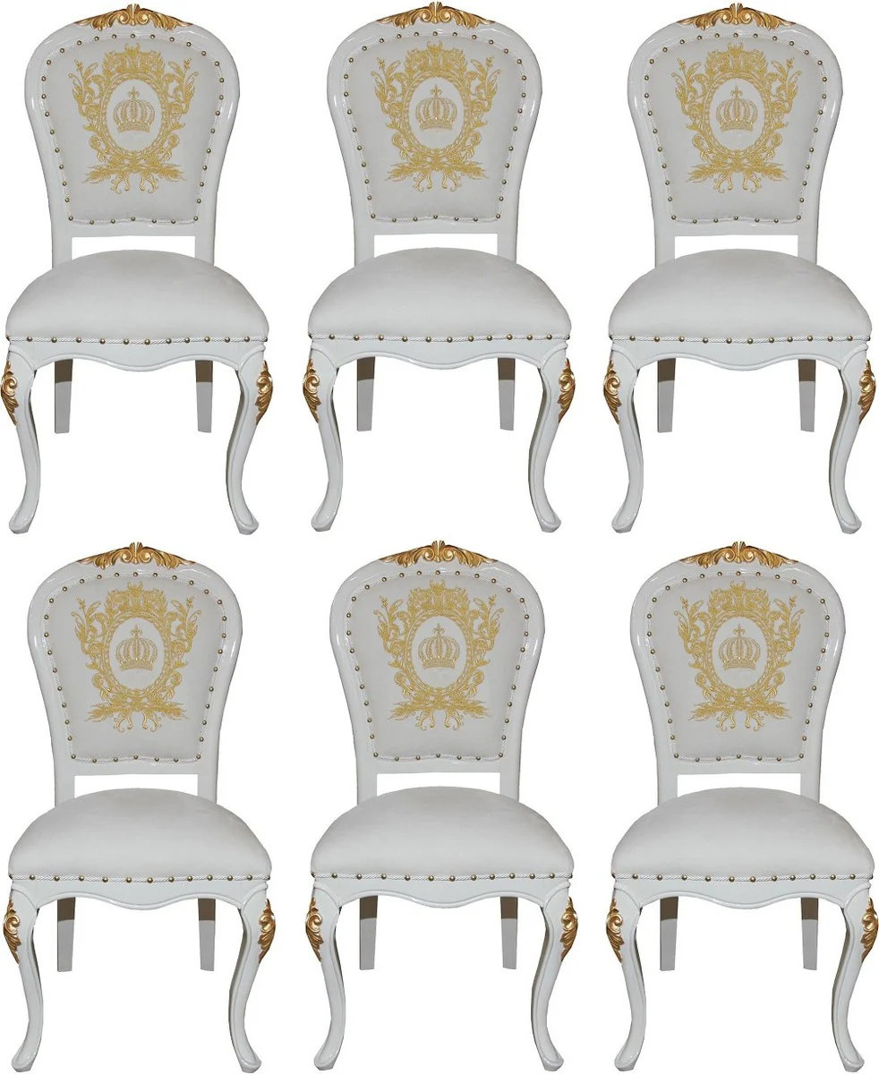 Pompöös by Luxury Baroque Dining Room Chairs with Crown White / Gold - Pompöös Baroque Chairs designed by Harald Glööckler - 6 Dining Room Chairs - Baroque Dining Room Furniture