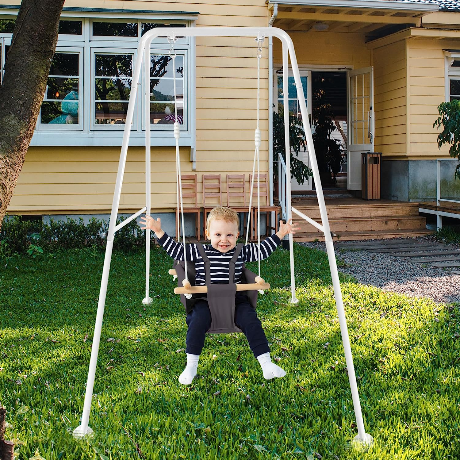 Babyschaukel aus Segeltuch, hängender Schaukelsitz aus Holz mit Sicherheitsgurt, langlebiger Baby-Hängemattenstuhl, Außen- und Innenschaukel für Kinder, Montagezubehör im Lieferumfang enthalten, Elfenbeinfarben