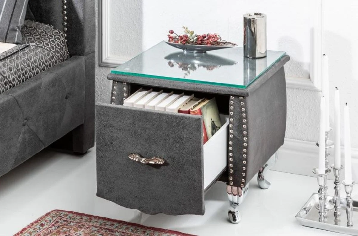 Art Deco bedside table with drawer and glass top antique gray / silver 47 x 41 x H. 45 cm - bedroom furniture