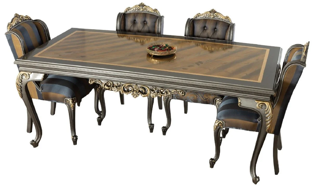 Luxury Baroque Dining Room Set Blue / Gray / Gold - 1 Dining Room Table & 6 Dining Chairs - Noble Baroque Dining Room Furniture - Noble & Magnificent