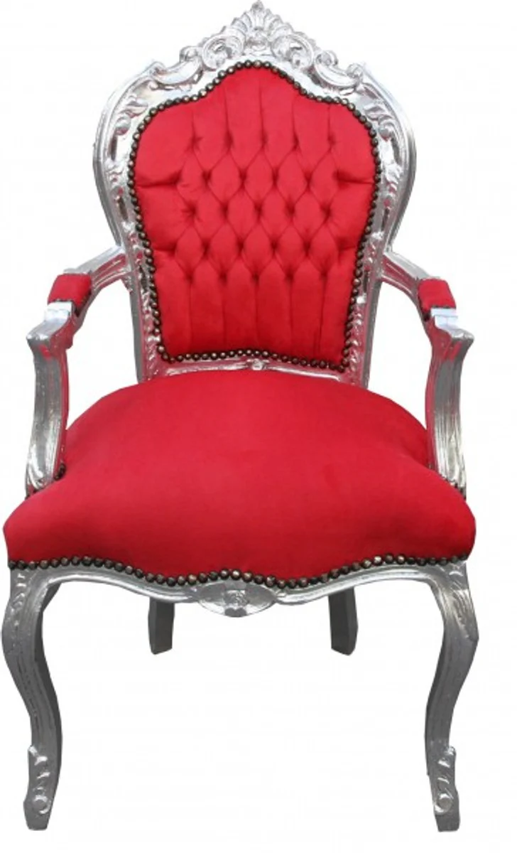 Baroque dining room chair red / silver with armrests