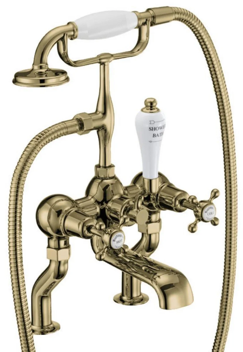 Luxury Art Nouveau bathtub mixer gold / white H. 50.3 cm - Nostalgic brass bathtub mixer with hand shower - Nostalgic bathroom accessories