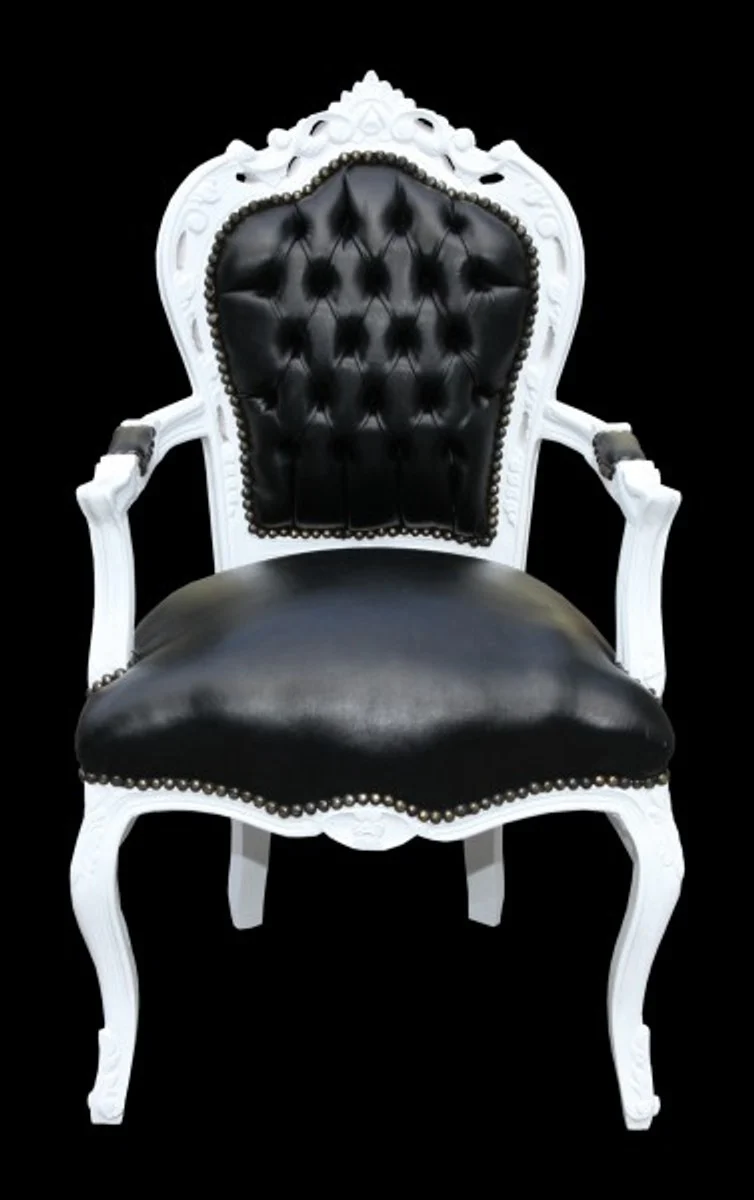 Baroque dining room chair black / white leather look with armrests