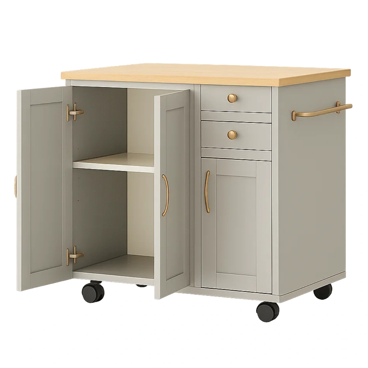 Küchenwagen mit 3 Türen, 2 Schubladen und Ablage, Naturholz und Grau, mit Rollen, 80 x 45 x 85 cm - 02fBVYY8fY5T