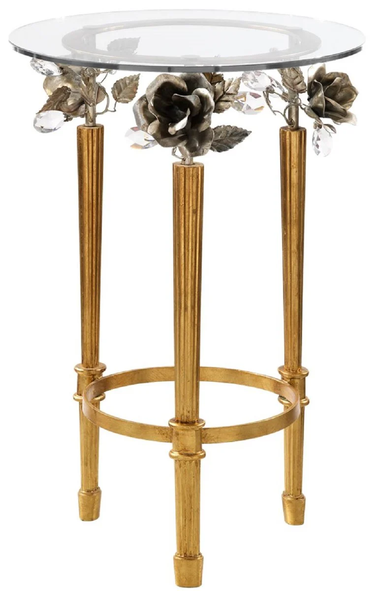 Luxury Art Nouveau side table gold Ø 46 x H. 70 cm - Round table with glass top decorative roses and Swarovski crystal glass - Baroque & Art Nouveau living room furniture