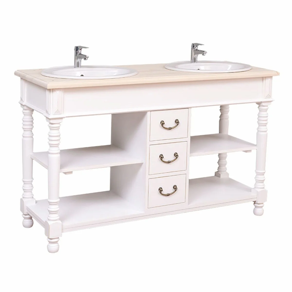Country house style double washbasin with 2 wash basins white / natural 150 cm