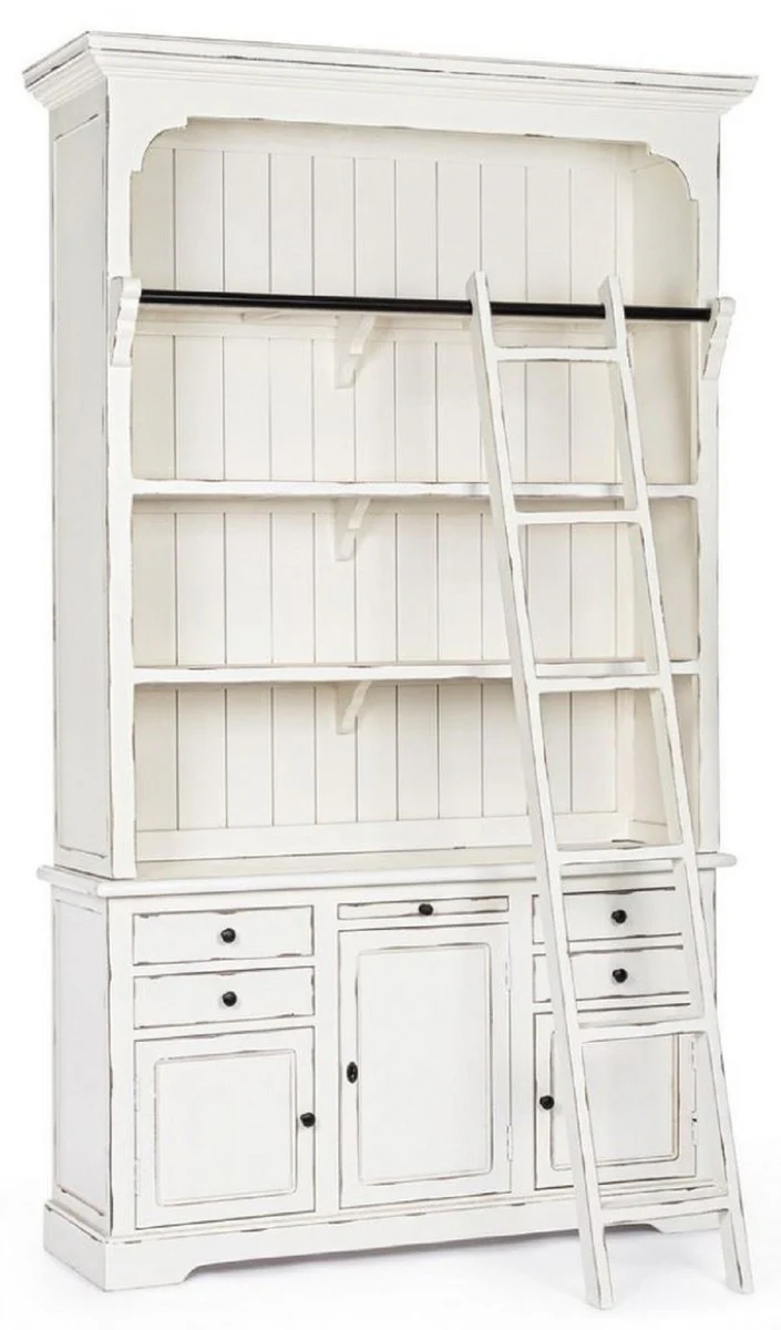 Country house style cabinet with ladder antique white 143.5 x 40.6 x H. 233.7 cm - bookcase - shelf cabinet - living room cabinet - office cabinet - country house style furniture