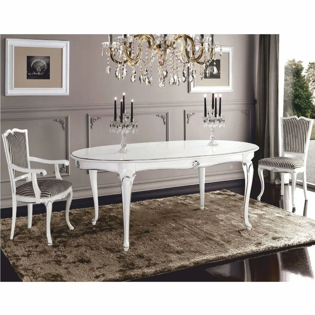 Luxury Baroque Dining Room Set White / Silver - 1 Dining Table & 6 Chairs - Made in Italy