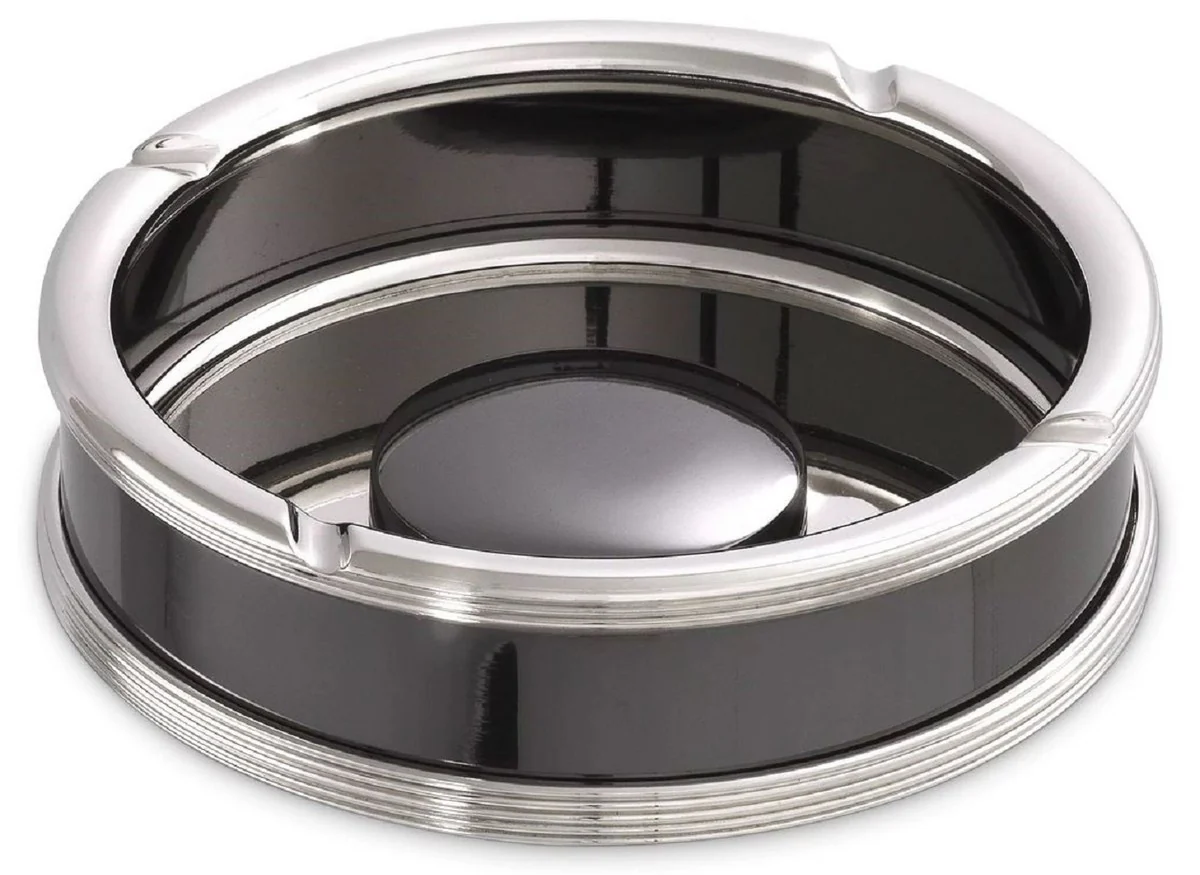Luxus Aschenbecher Silber / Schwarz Ø 18 x H. 5 cm - Runder Messing Aschenbecher - Deko Accessoires - Luxus Qualität