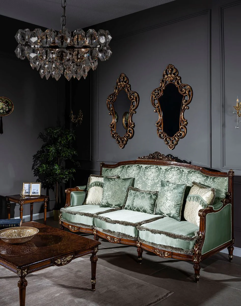 Luxury baroque sofa light green / brown 227 x 90 x H. 126 cm - living room sofa with decorative pillows - baroque furniture