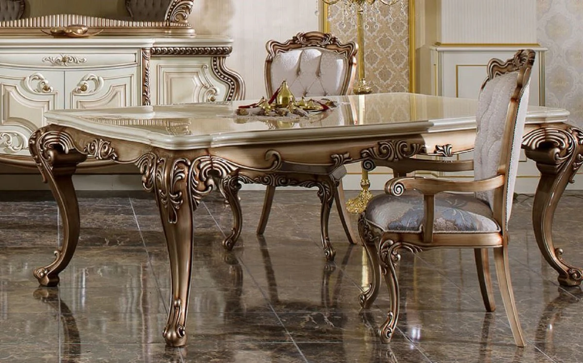 Luxury baroque dining table white / beige / copper - Magnificent solid wood dining room table in baroque style - Magnificent baroque dining room furniture