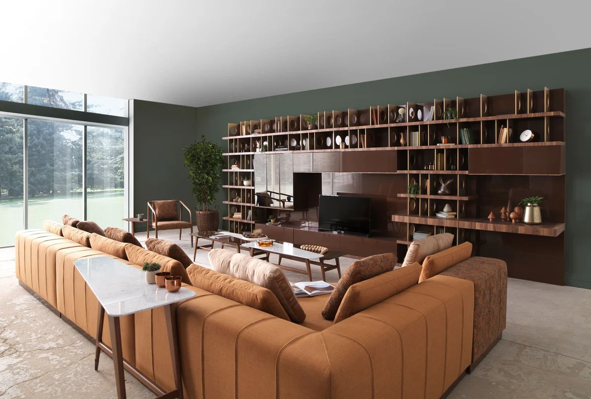 Luxury TV cabinet dark brown / brown / brass 576 x 60 x H. 224 cm - Huge solid wood living room cabinet - Living room furniture - Hotel furniture - Luxury furniture