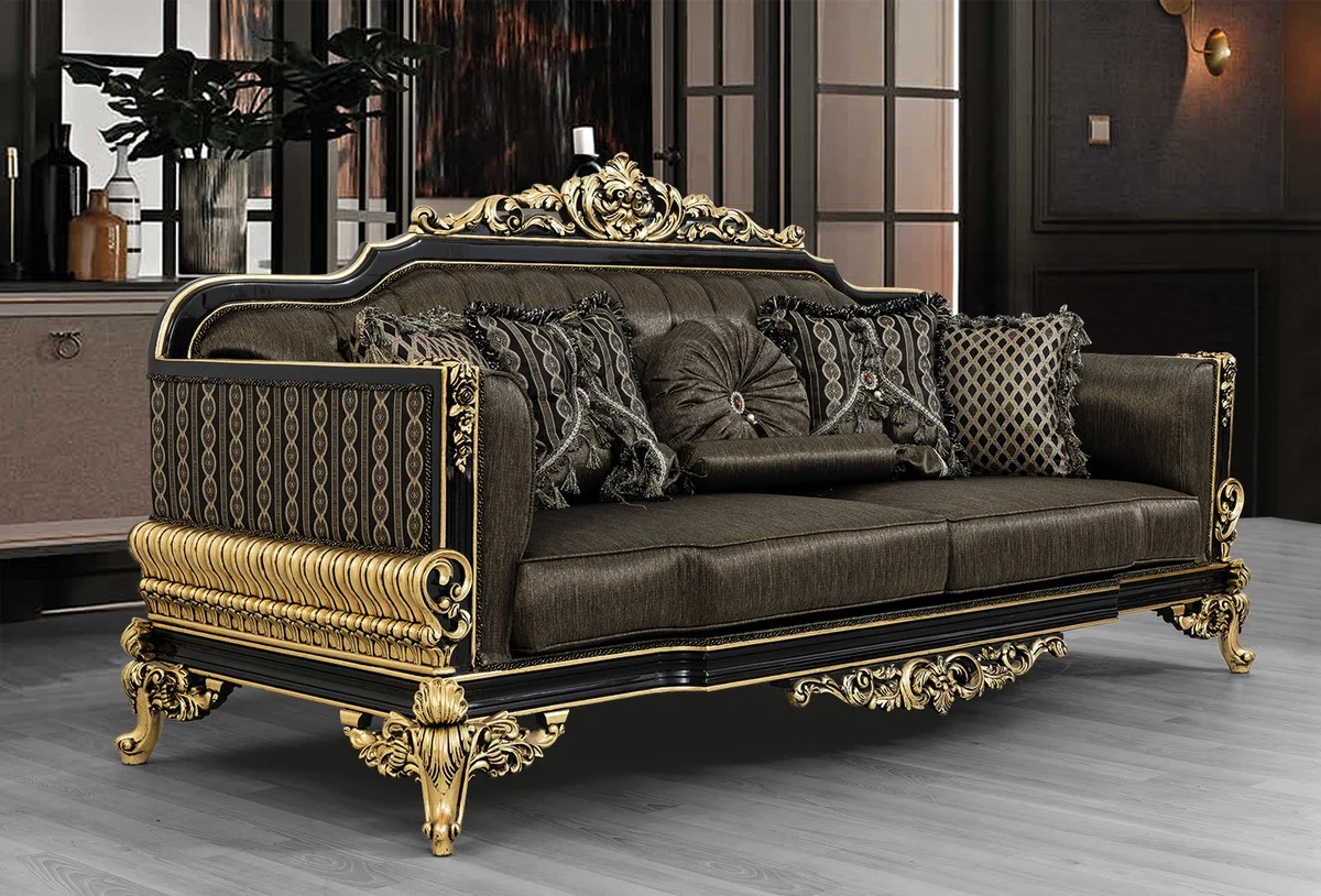 Luxus Barock Wohnzimmer Set Grau / Schwarz / Gold - 2 Sofas & 2 Sessel & 1 Couchtisch - Prunkvolle Barock Wohnzimmer Möbel
