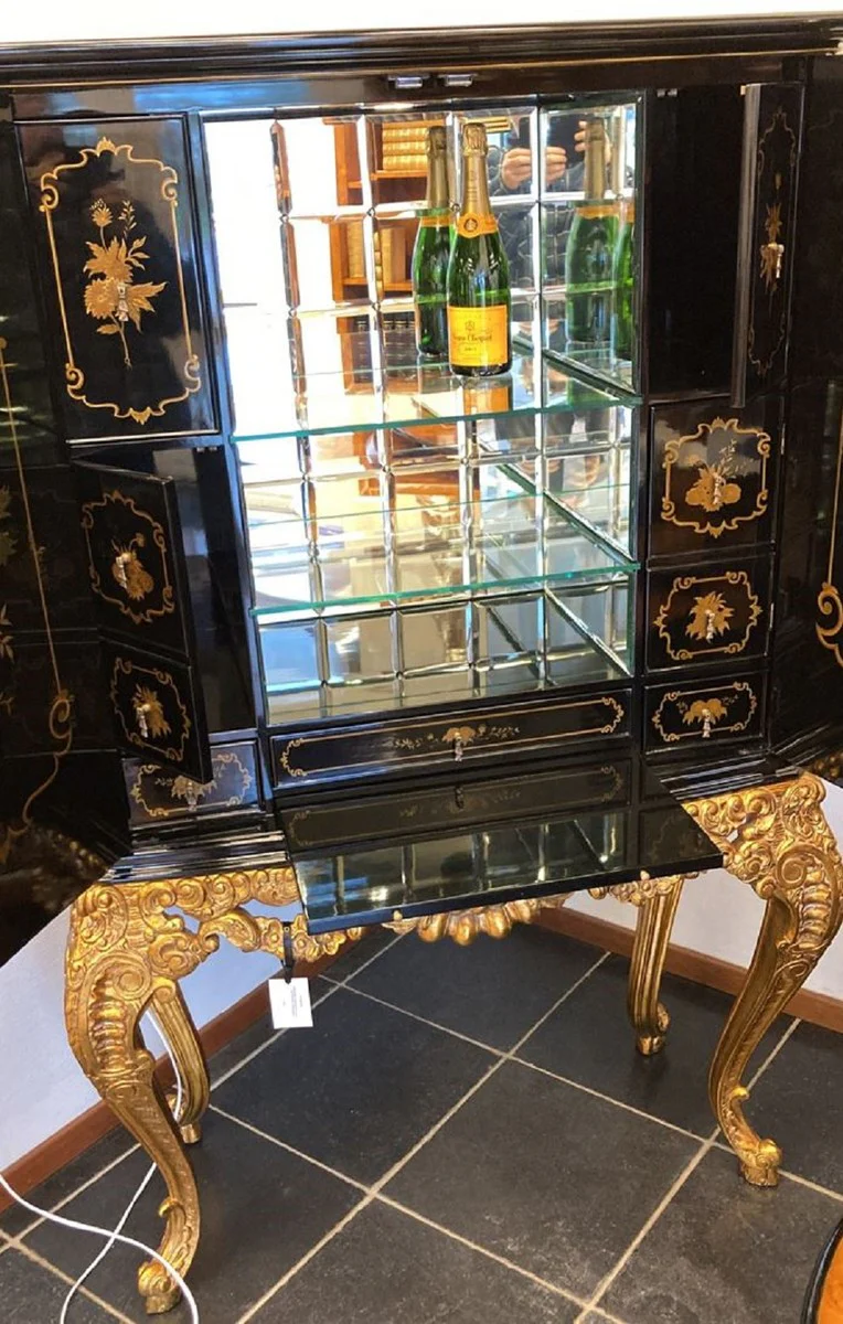 Luxury baroque bar cabinet black / multicolored / gold - magnificent solid wood cabinet with LED lighting - baroque living room furniture - baroque bar furniture - baroque hotel furniture