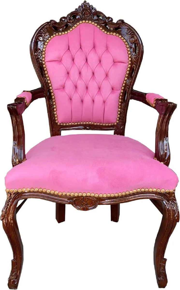 Baroque dining room chair with armrests pink / brown 53 x 57 x H. 108 cm - Handcrafted antique style solid wood chair with elegant velvet fabric - Baroque dining room furniture
