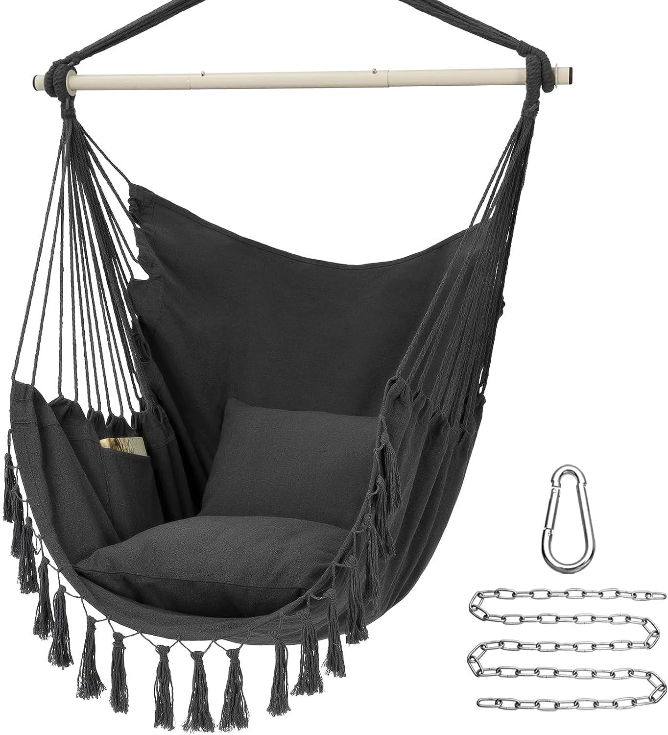 Y- Stopp Hammock Stuhl hängen Rope Swing, Max 500 Lbs, 2 Kissen enthalten, große Macrame Hängestuhl mit Tasche für Superior Comfort, mit Hardware Kit (Dark Grey)