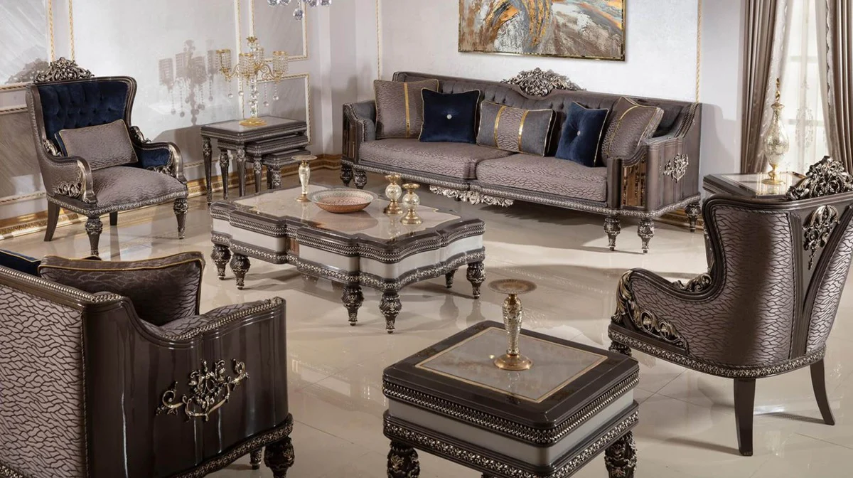 Luxury baroque coffee table gray / dark brown / gold - magnificent solid wood living room table in baroque style - baroque living room furniture - noble & magnificent