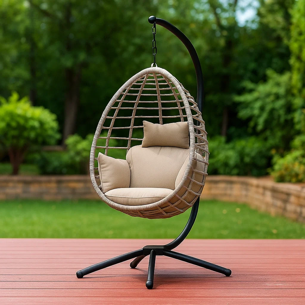 Hängender eiförmiger Sessel aus Kunstrattan, beige und schwarz, mit Gestell, für den Garten, 105 x 70 x 195 cm - ipDaNxfAjF9w