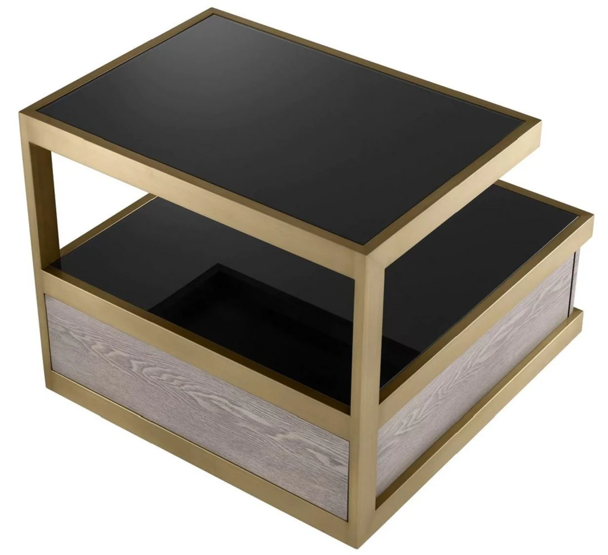 Luxury side table brass / gray / black 70 x 75 x H. 58 cm - Living room side table with 2 drawers and 2 glass plates - Living room furniture - Luxury furniture - Luxury furnishings
