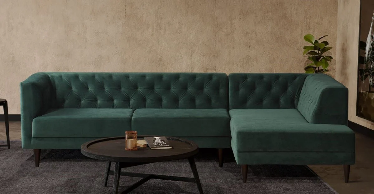 Luxury corner sofa green / black 262 x 178 x H. 74 cm - Living room sofa with elegant velvet fabric - Living room furniture - Luxury furniture - Luxury living room furnishings