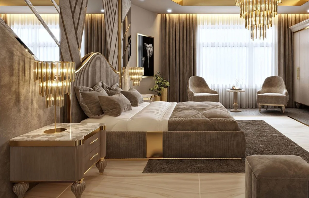 Luxury Art Deco double bed gray / gold - noble solid wood bed with headboard - Art Deco bedroom & hotel furniture - luxury collection