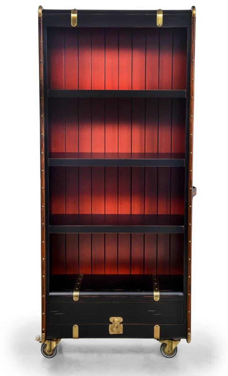 Luxury shelf cabinet in suitcase look black / red / brown / brass 84 x 35 x H. 200 cm - solid wood suitcase cabinet with wheels - office cabinet - office furniture - luxury furniture