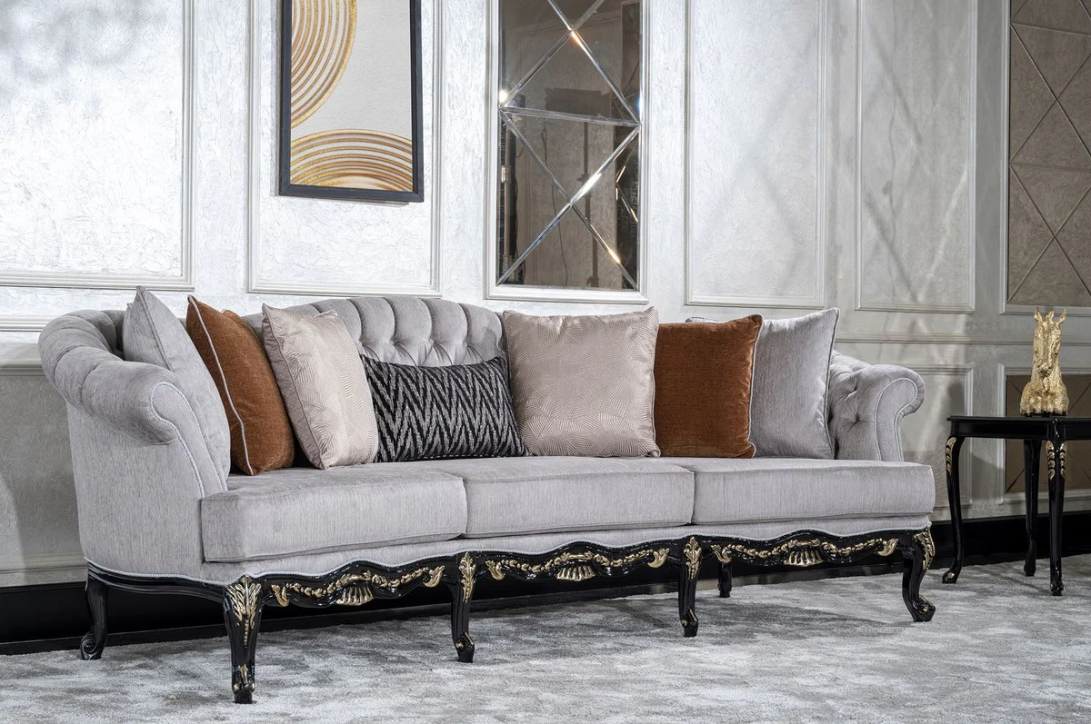 Luxury Baroque Living Room Sofa Gray / Black / Gold - Handmade Baroque Style Sofa with Decorative Pillows - Luxury Living Room Furniture in Baroque Style - Baroque Furniture - Noble & Magnificent