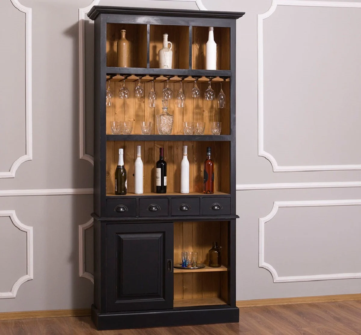 Country house style wine cabinet black / natural color 103 x 36 x H. 210 cm - bar cabinet in country house style