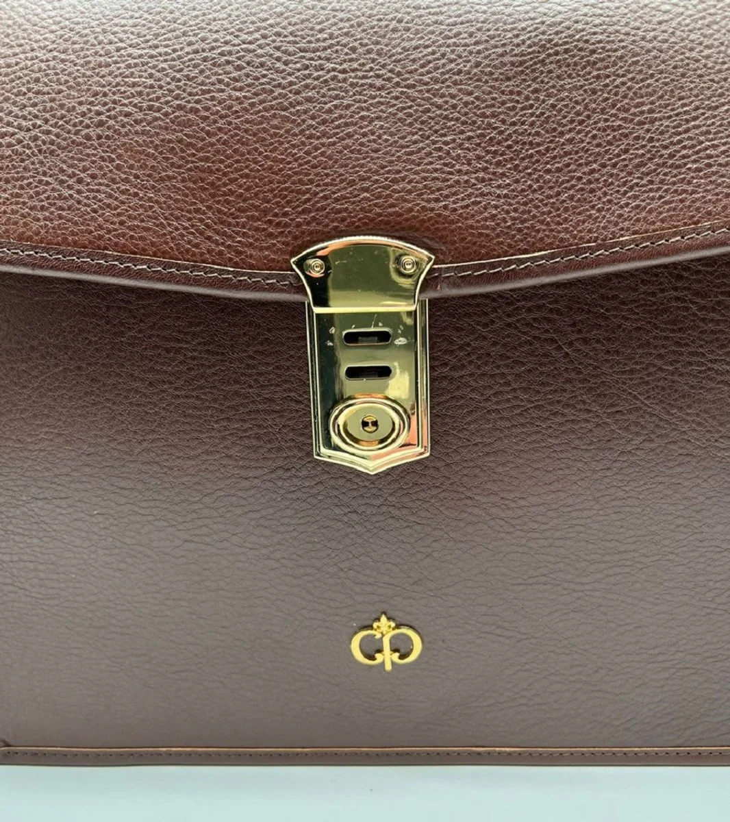 Luxus Echtleder Herren Aktentasche Dunkelbraun / Gold 42 cm - Made in Italy