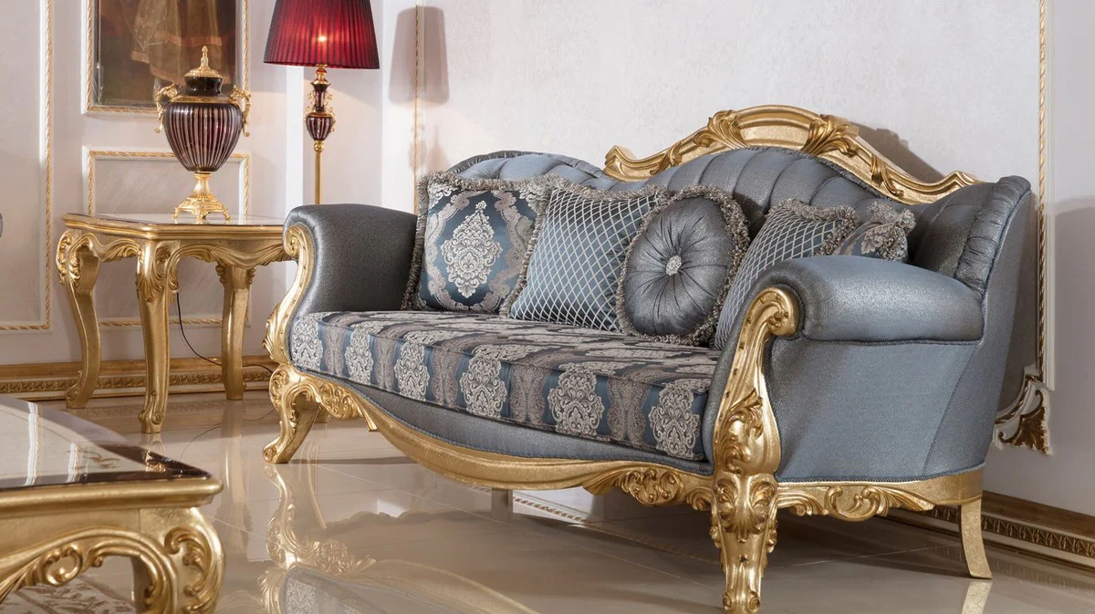 Luxury Baroque Sofa Blue / Gold - Handmade Baroque Style Living Room Sofa with Elegant Pattern - Baroque Living Room Furniture - Noble & Magnificent