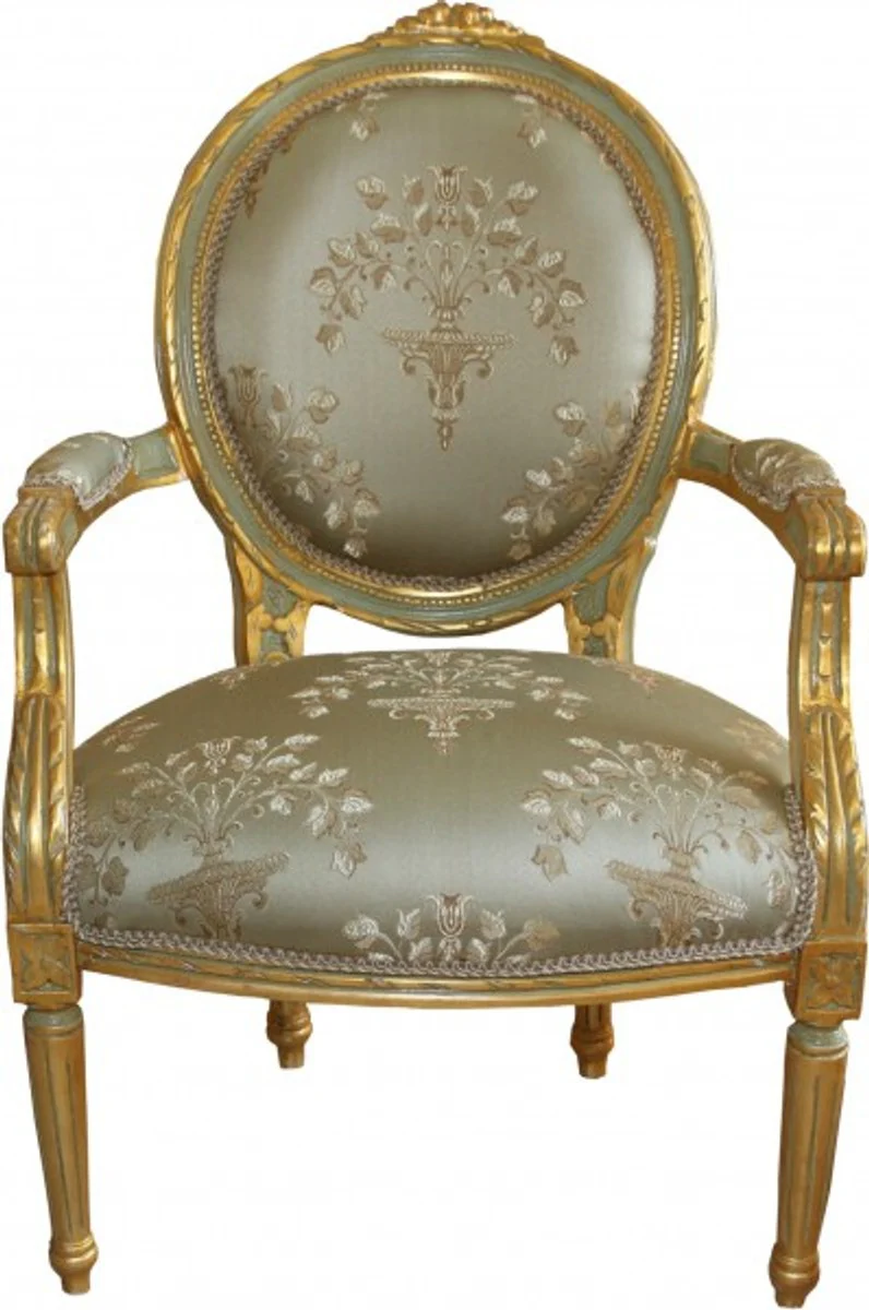 Baroque Medallion Salon Chair Green Pattern / Gold Model Versailles - Furniture Antique Style