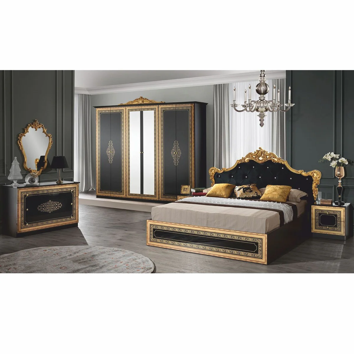 Luxury baroque double bed with rhinestones black / gold - baroque style bedroom furniture