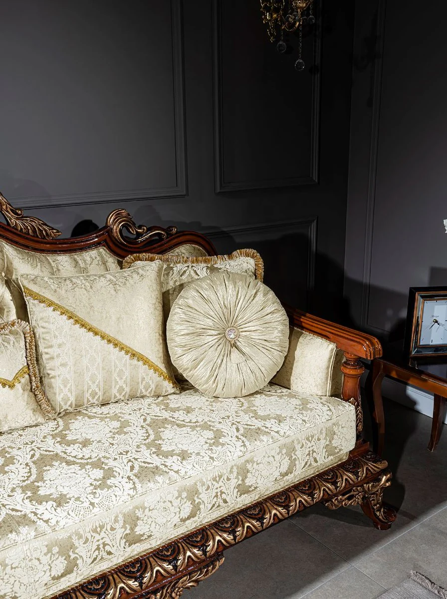 Luxury baroque sofa gold / brown / bronze 245 x 92 x H. 127 cm - living room sofa with elegant pattern and decorative pillows - noble baroque furniture