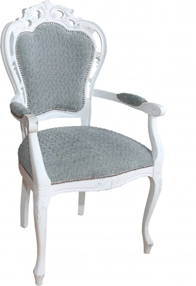 Baroque dining room chair with armrests grey-blue / antique white - designer chair - luxury quality