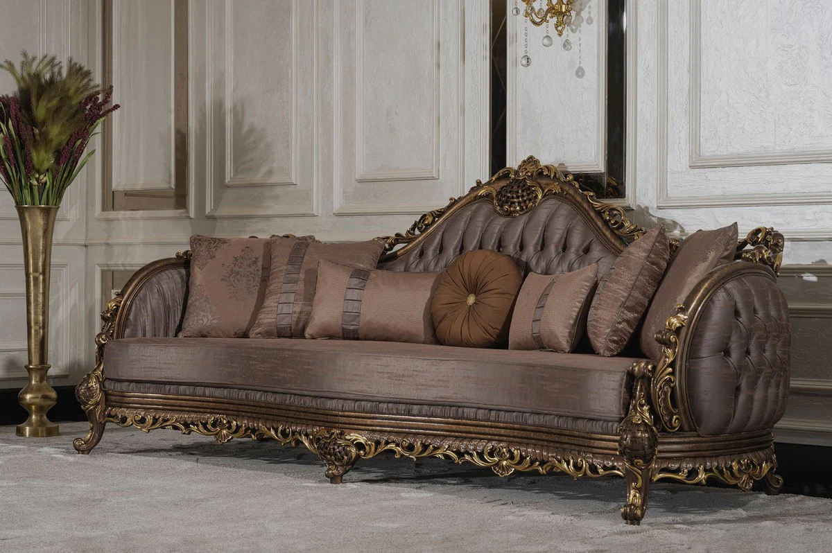 Luxury Baroque Living Room Sofa Gray / Brown / Gold - Handmade Baroque Style Sofa with Decorative Pillows - Luxury Living Room Furniture in Baroque Style - Baroque Furniture - Noble & Magnificent