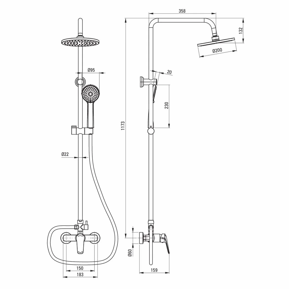 Luxury shower set with overhead shower and hand shower H. 117.3 cm
