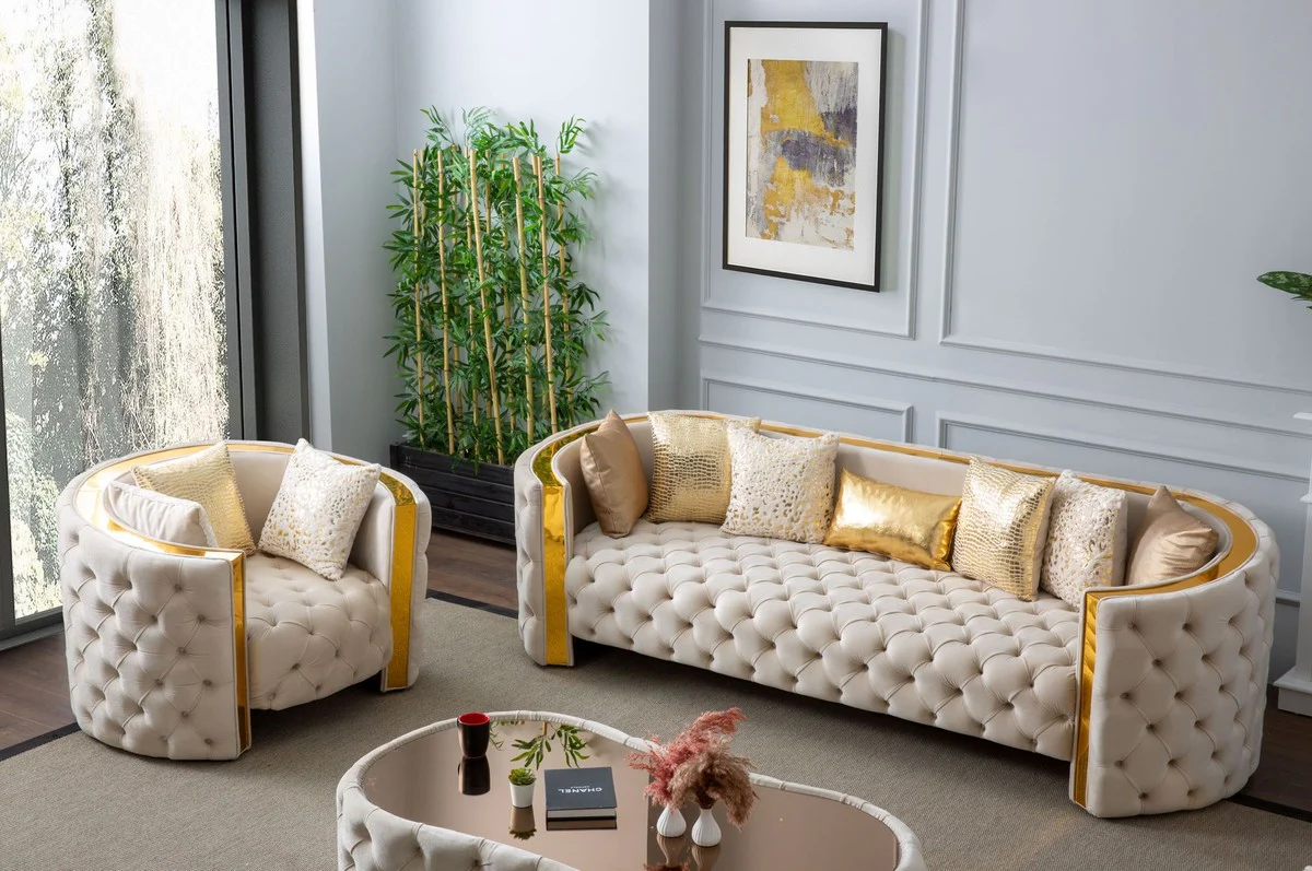 Luxury Chesterfield armchair cream / gold 120 x 100 x H. 75 cm - Chesterfield living room armchair - living room furniture - Chesterfield furniture - luxury furniture - luxury furnishings - furniture luxury